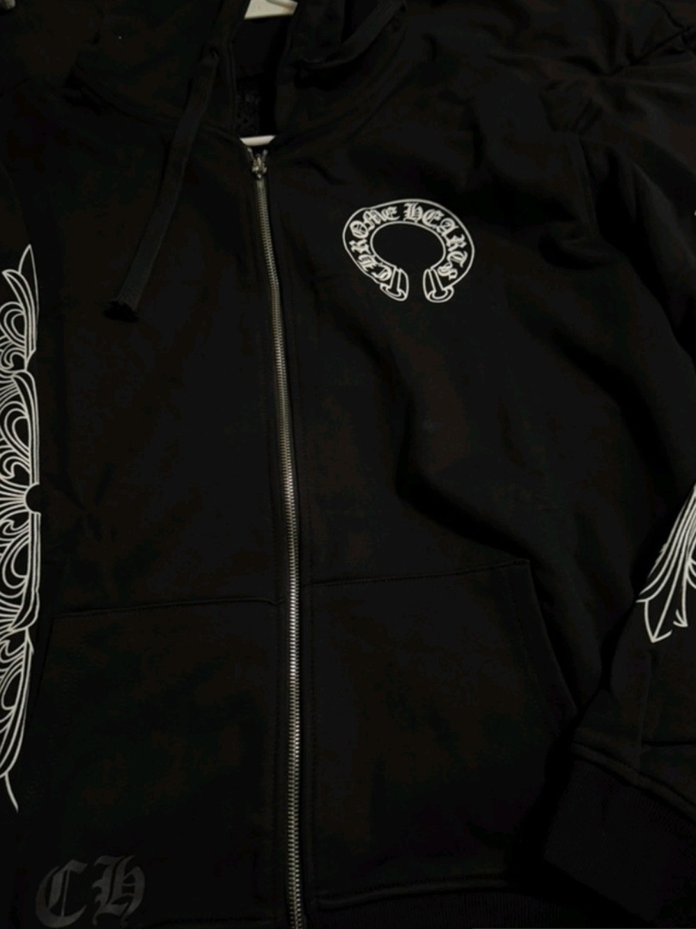 Chrome Hearts Black Zip-Up Hoodie with White Graphic